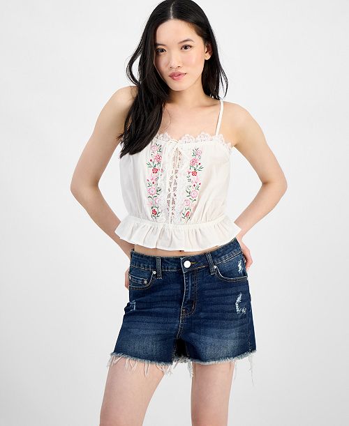 alfani Self Esteem Juniors' Lace-Trim Embroidered Peplum Tank Top Juniors'
