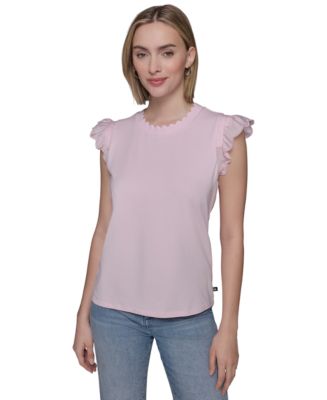 売れ筋商品|||カールラガーフェルド カットソー トップス レディース Women's Scalloped Flutter-Sleeve Top Flore Green KARL LAGERFELD PARIS Women's Scalloped Flutter-Sleeve Top