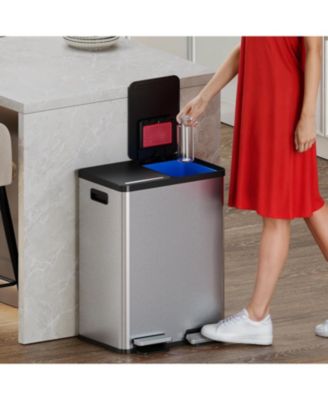 SoftStep 16 Gallon Stainless Steel Dual Compartment Combo Step Pedal Trash Can and Recycle Bin with Dual Odor Filters and Color-Coded Removable Inner Buckets for Home, Office, Kitchen, 60 Liter