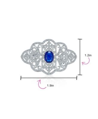Big Royal Blue CZ Cubic Zirconia Brooch Pin Art Deco Style