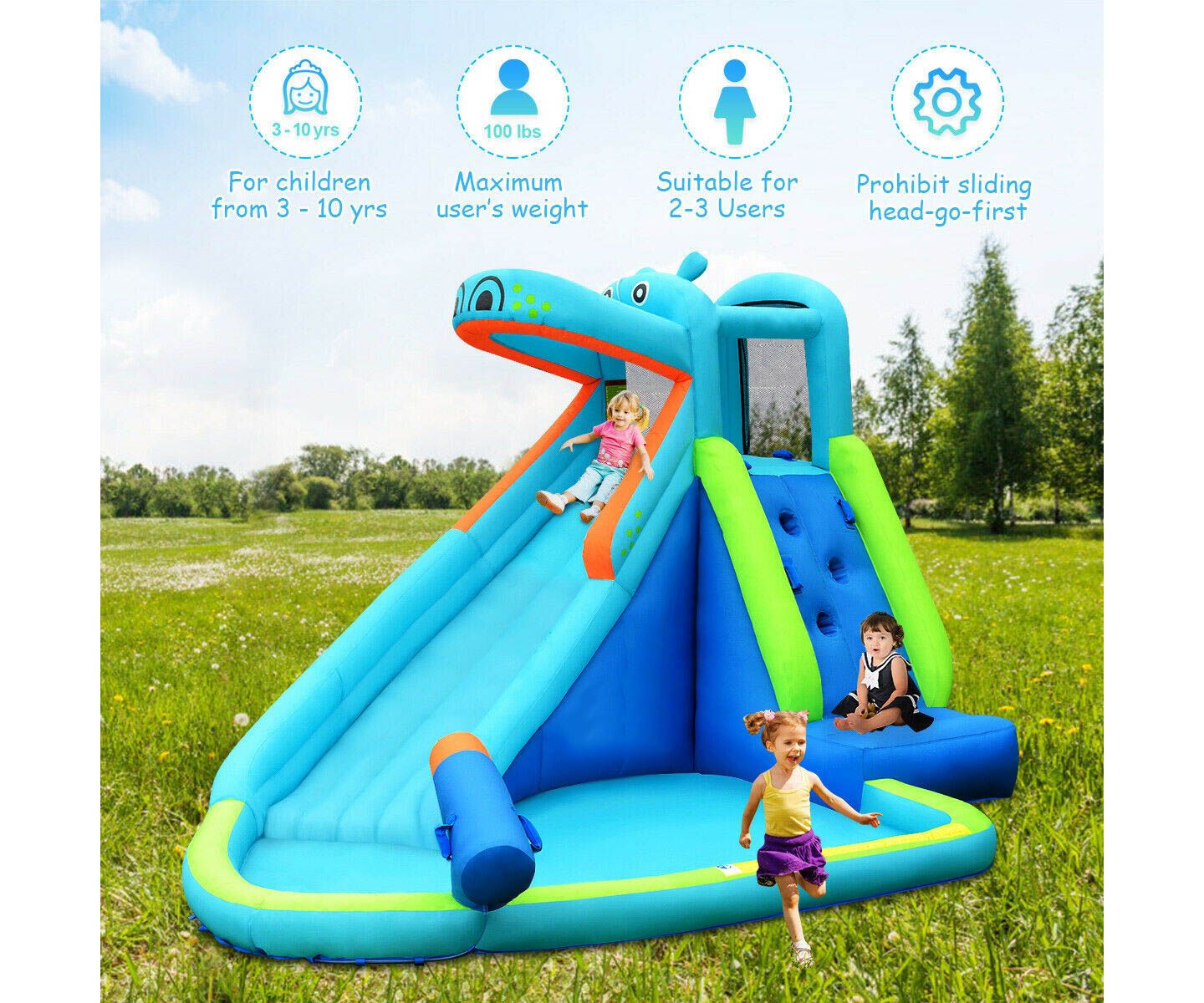 Детский игровой набор Slickblue Hippo Inflatable Water Slide Bounce House Playset, 2-3 Users, Ages 3+, цвет: Синий — фото 3