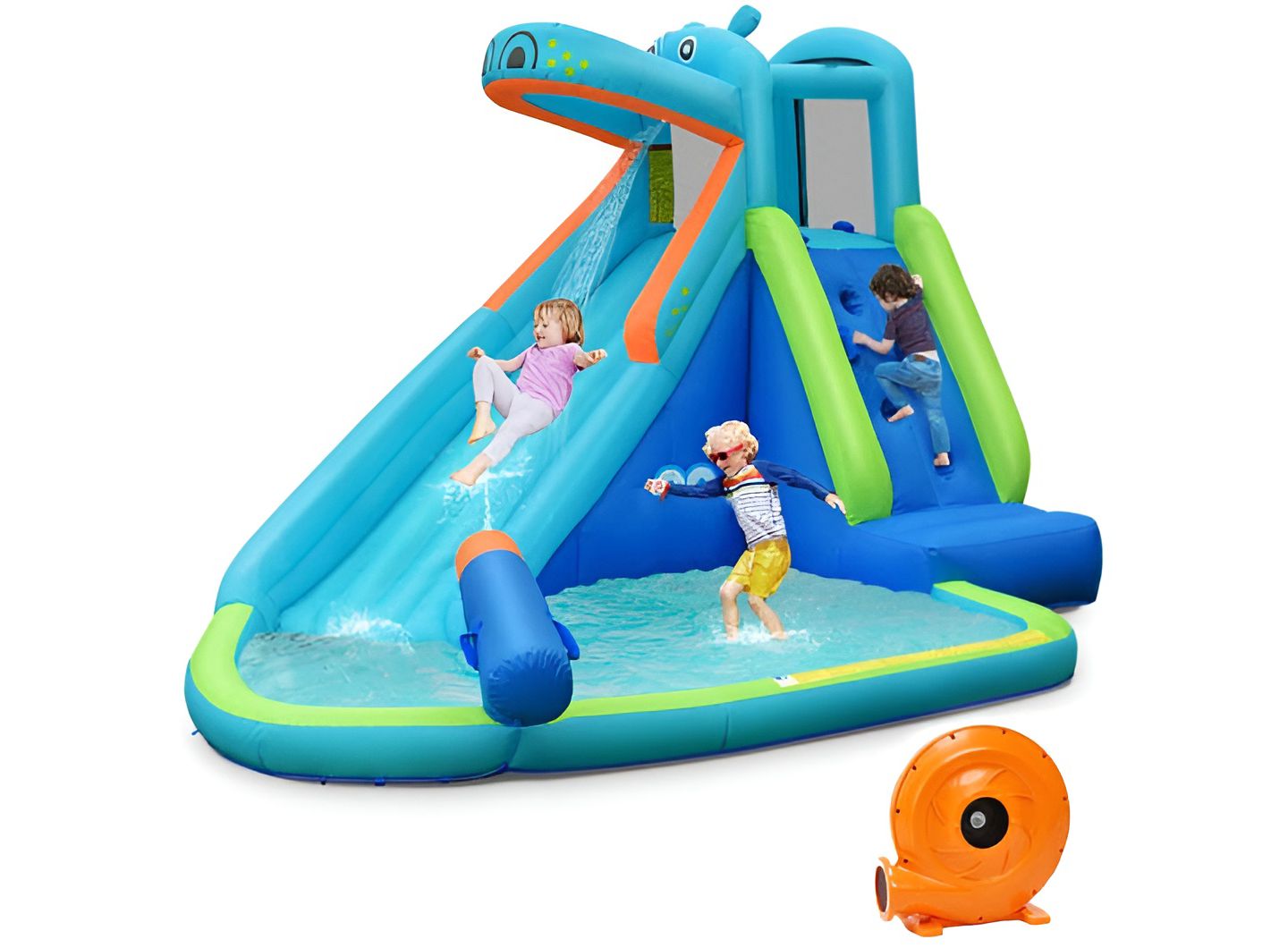 Детский игровой набор Slickblue Hippo Inflatable Water Slide Bounce House Playset, 2-3 Users, Ages 3+, цвет: Синий — фото 1