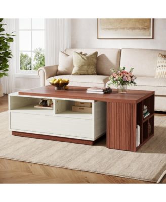 Coffee Table, Extendable Coffee Table with 2 Drawers and Storage Shelves, Rectangular Wooden Center Table with Reversible Tabletop for Living Room (White & Walnut