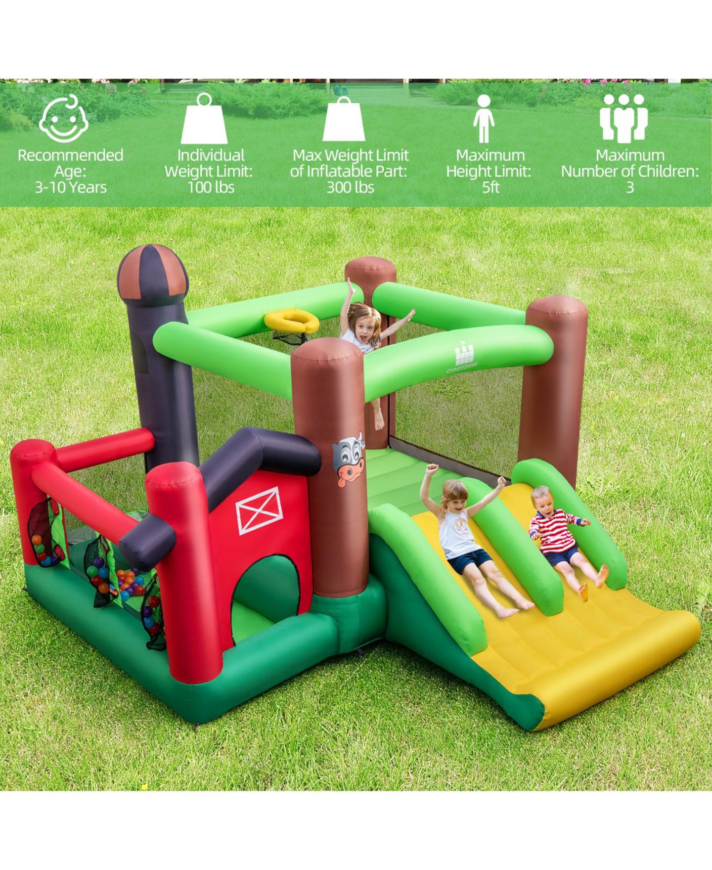 Детские игрушки Slickblue 6-in-1 Inflatable Bounce House with Double Slides without 735W Blower, цвет: Зелёный — фото 6