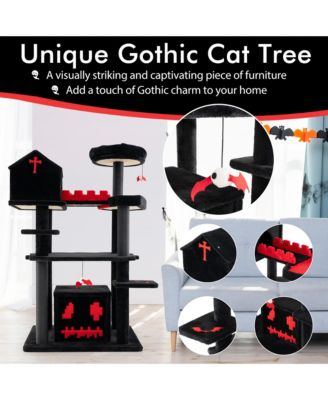 Gothic Cat Tree 49'' Tall Cat Tower w/ Coffin Bed & 2 Condos & Cozy Perch