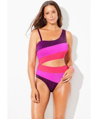 Women's One Shoulder Color Block Cutout One Piece Swimsuit