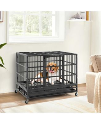 38 Inch Foldable Heavy-Duty Metal Dog Cage with Lockable Rolling Casters and Tray
