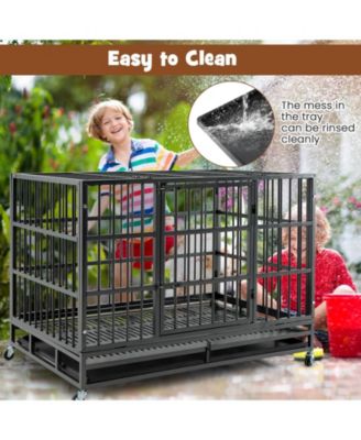 48 Inch Foldable Heavy-Duty Metal Dog Cage with Lockable Rolling Casters and Tray