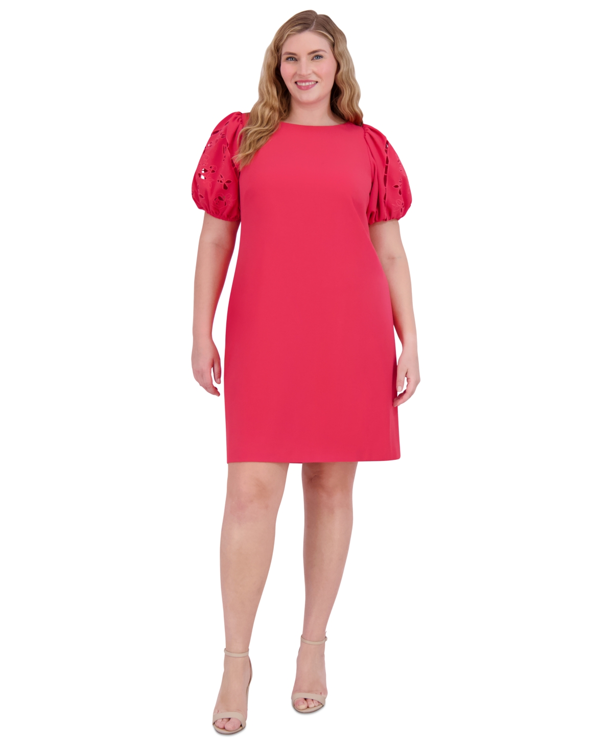 Vince Camuto Plus Size Puff-sleeve Stretch Crepe Shift Dress In Pink