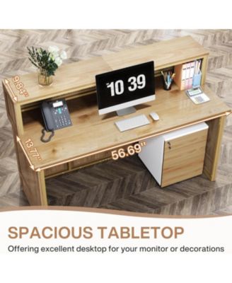 Reception Desk with Counter, 57-Inch Rustic Front Desk Receptionist Table, Boho Welcome Desk Checkout Counter for Office, Retail, Lobby, Beauty Salon