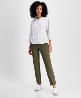 売れ筋商品|||トミー ヒルフィガー カットソー トップス レディース Women's Embroidered Gauzy Pintucked Cotton Top Bright White Tommy Hilfiger Women's Embroidered Gauzy Pintucked Cotton