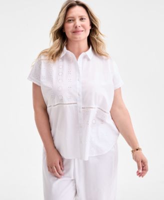 Plus Size Eyelet Camp Shirt, Exclusively at Macy's 