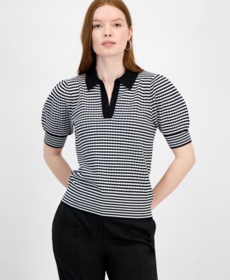 T Tahari - Women's Collared Split-Neck Puff-Sleeve Top