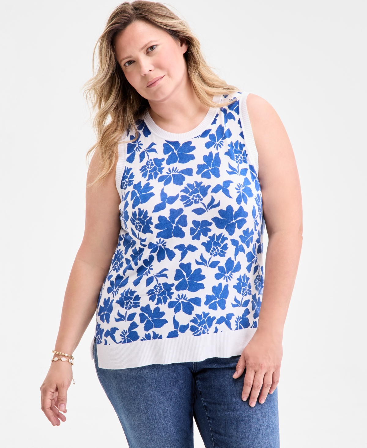 Plus Size Floral Sleeveless Sweater, Exclusively at Macy's - Floral Spark Blue