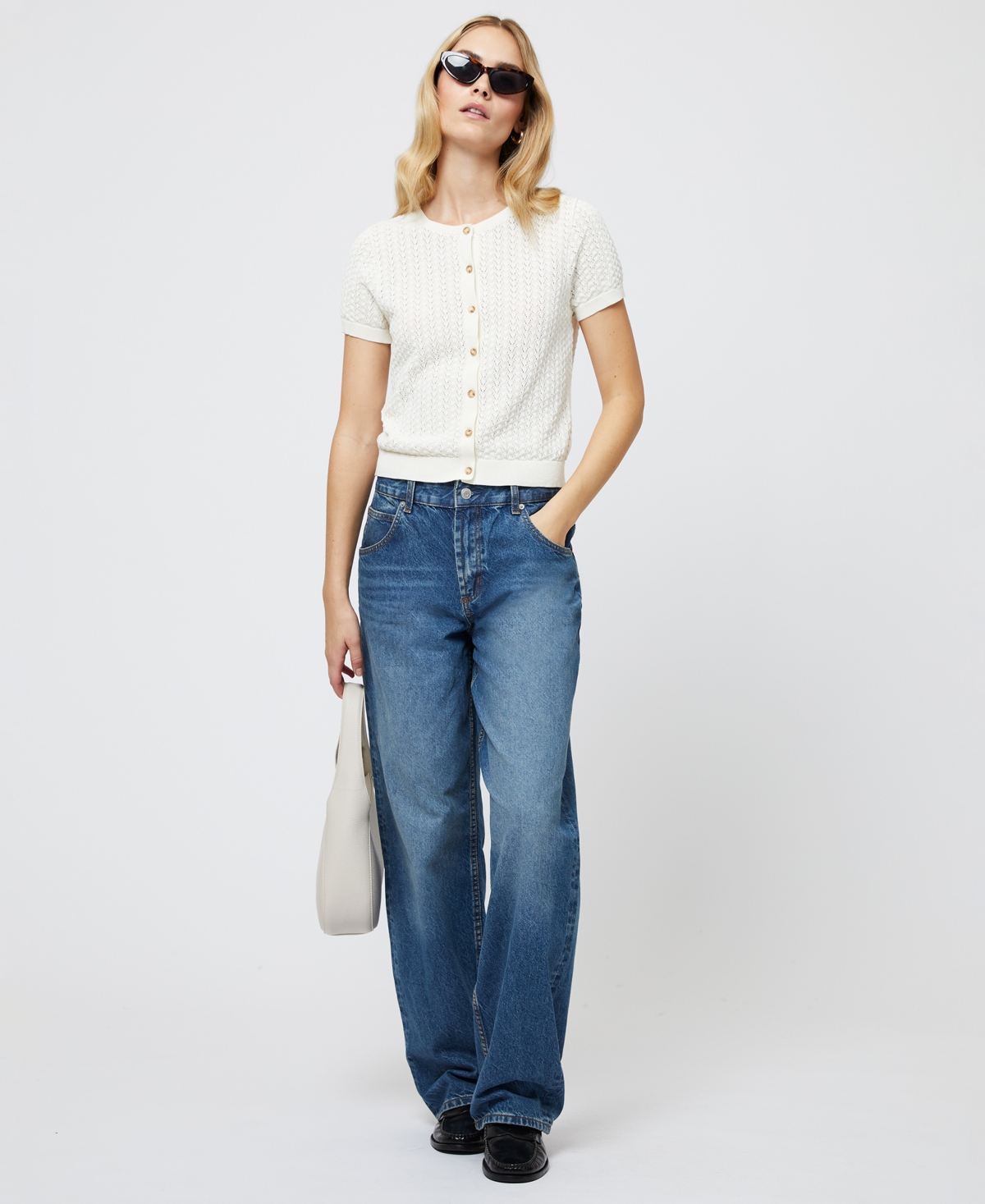 French Connection Pointelle Cotton Blend Cardigan In Cream