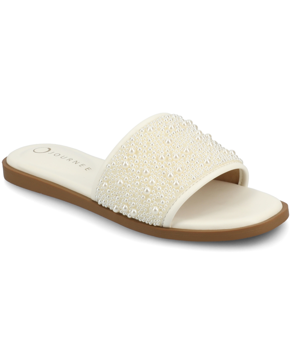 Journee Collection Women's Precly Faux Pearl Single Band Flat Sandals In White