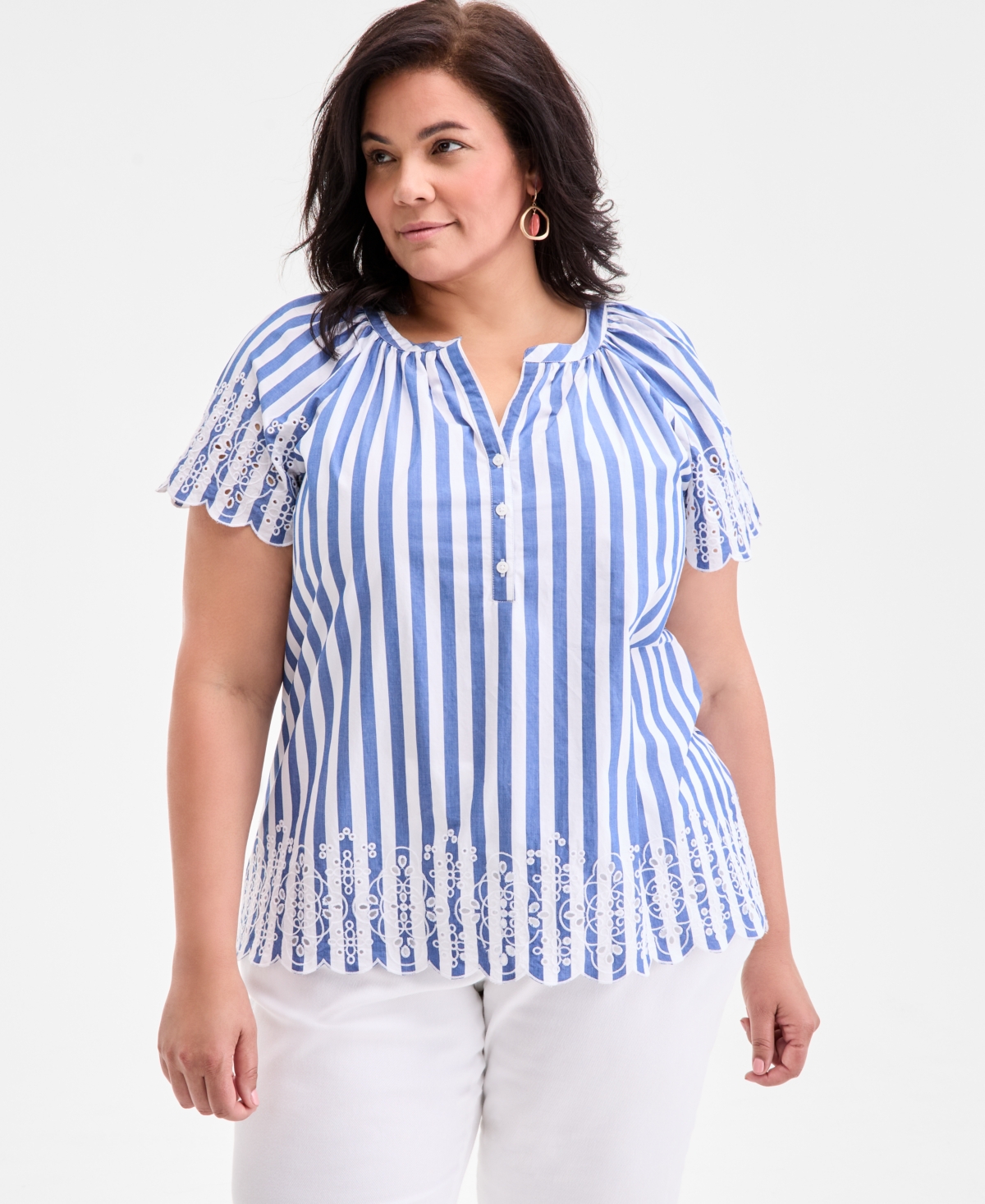 Plus Size Striped Flutter-Sleeve Top, Exclusively at Macy's - Bold Stripe White
