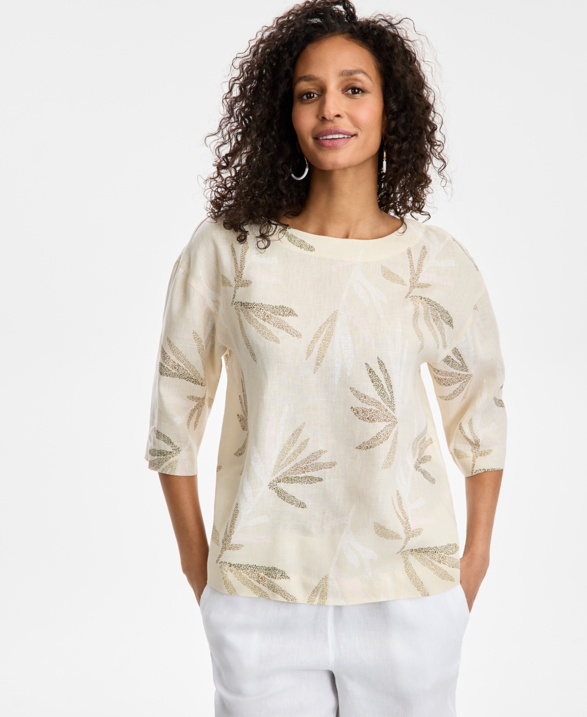 CHARTER CLUB WOMEN'S PALM-PRINT 100% LINEN TOP, EXCLUSIVELY AT MACY'S 