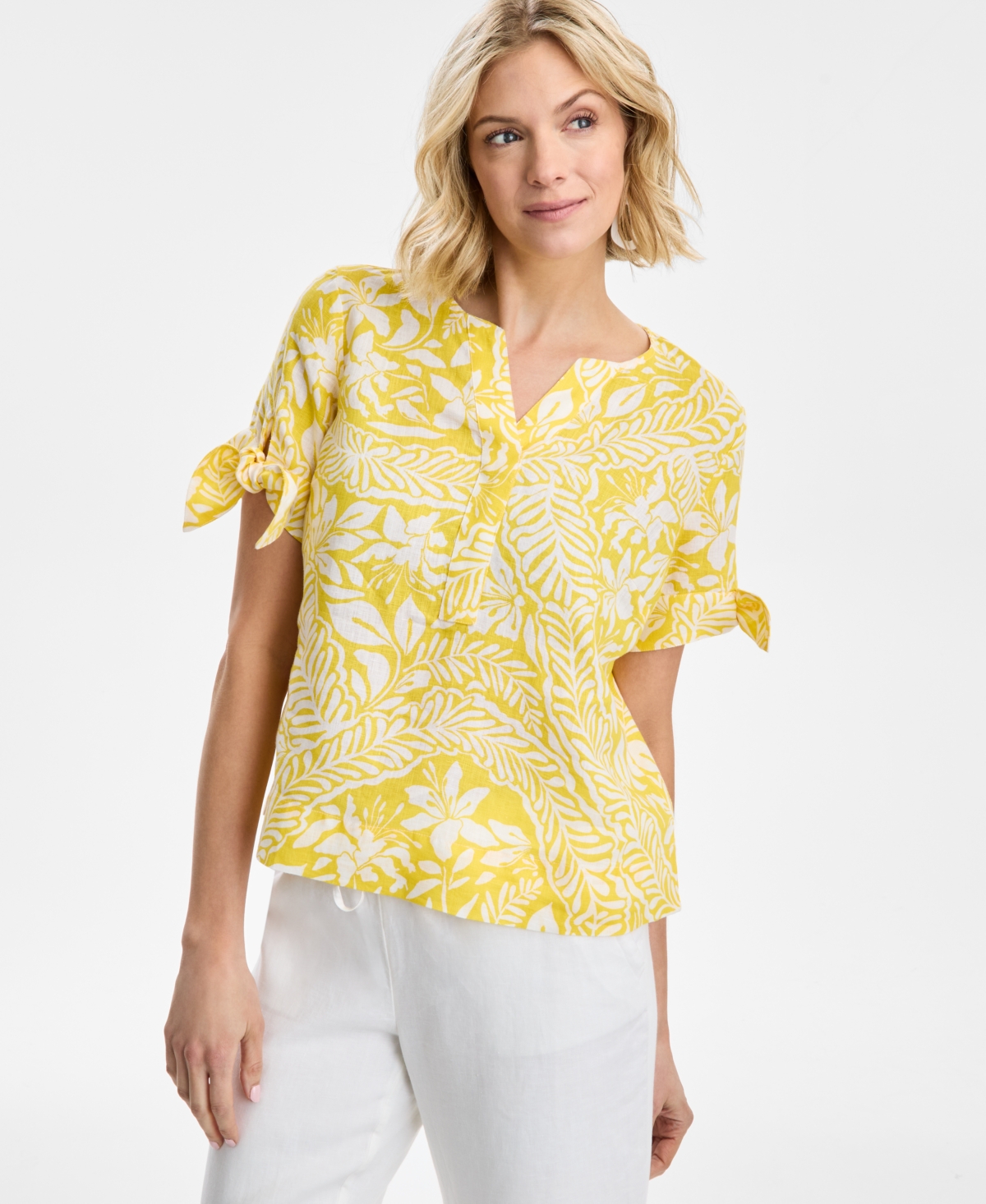 CHARTER CLUB WOMEN'S BHAVANA TIE-SLEEVE WOVEN 100% LINEN TOP, EXCLUSIVELY AT MACY'S 