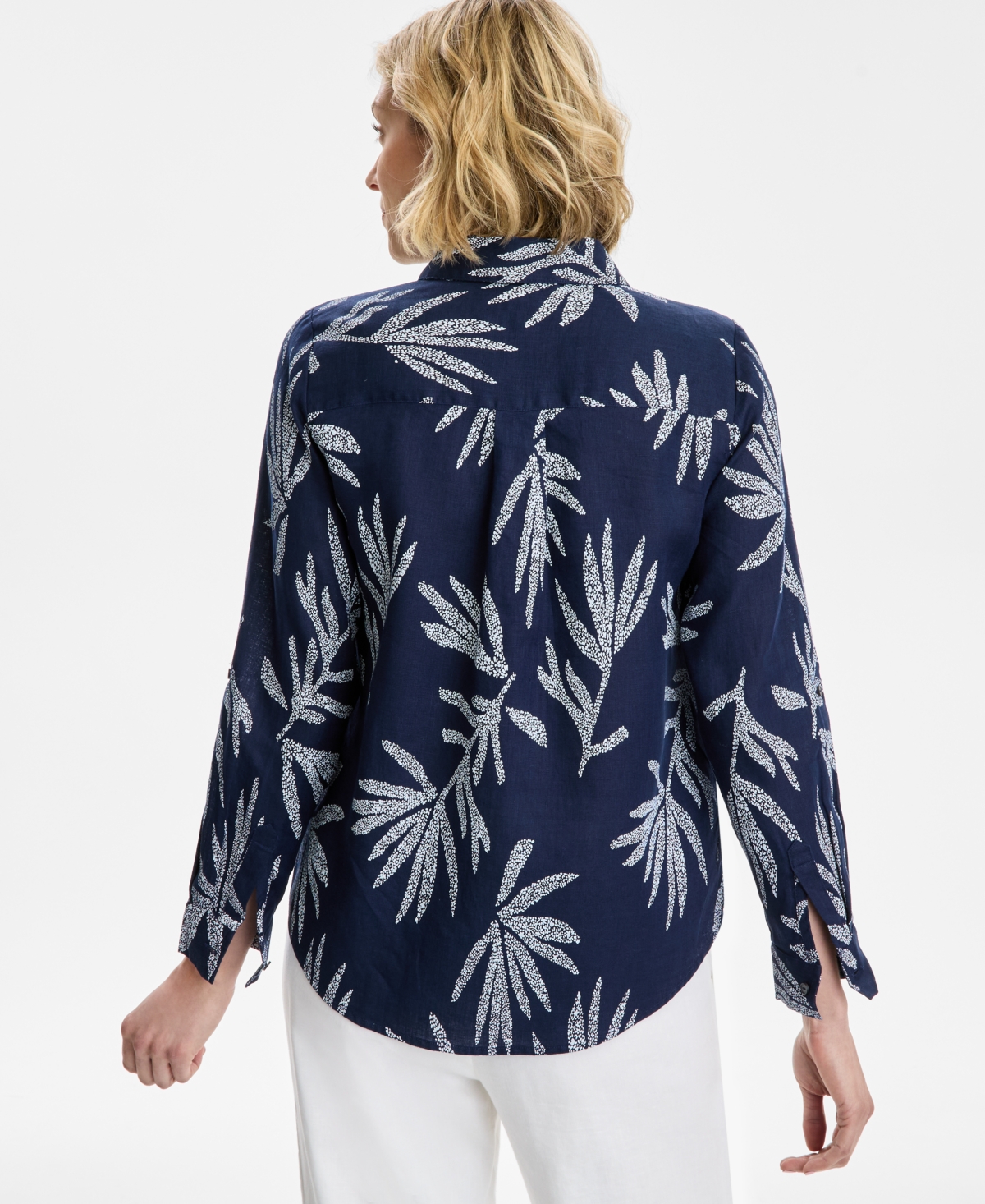 CHARTER CLUB WOMEN'S TEXTURED-PALM BUTTON-DOWN 100% LINEN TOP, EXCLUSIVELY AT MACY'S 