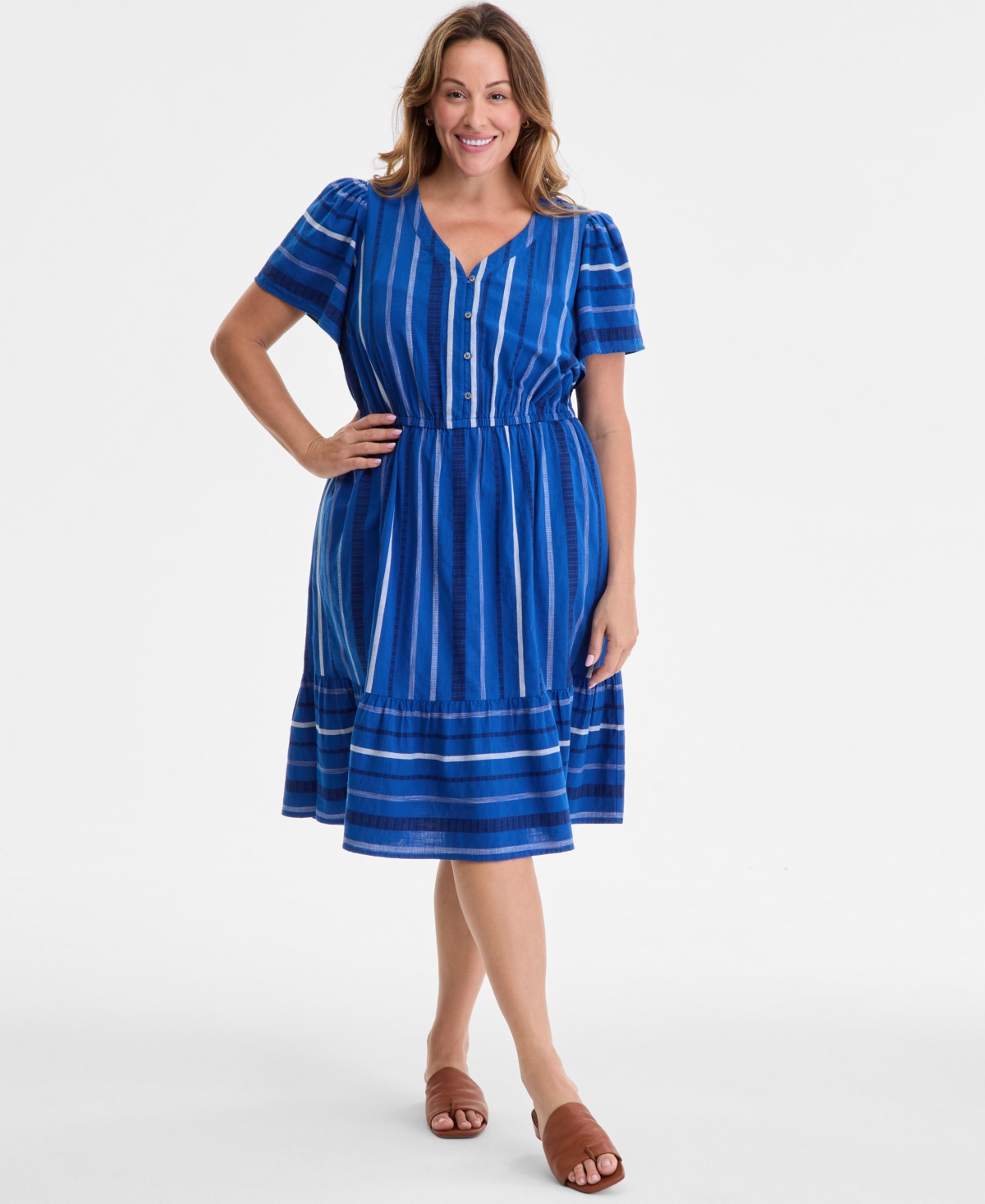 Plus Size Jacquard V-Neck Flutter-Sleeve Dress, Exclusively at Macy's - Dainty Stripe Blue