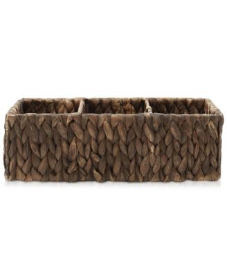 Set of 2 Water Hyacinth Storage Baskets with 3 Sections, Espresso - Woven Bin Organizers for Bathroom, Laundry, Pantry, Office, Shelves