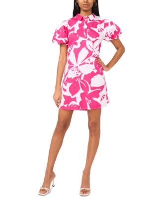 MSK - Women's Printed Cotton Collared Puff-Sleeve Shift Dress