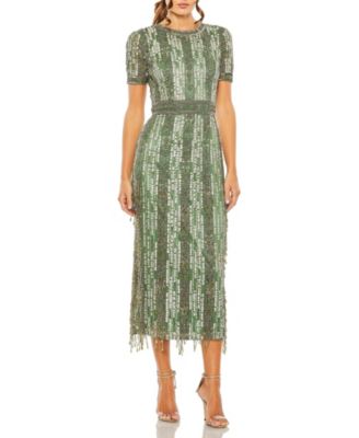 Women's High Neck Short Sleeve Crystal Fringe Column Dress