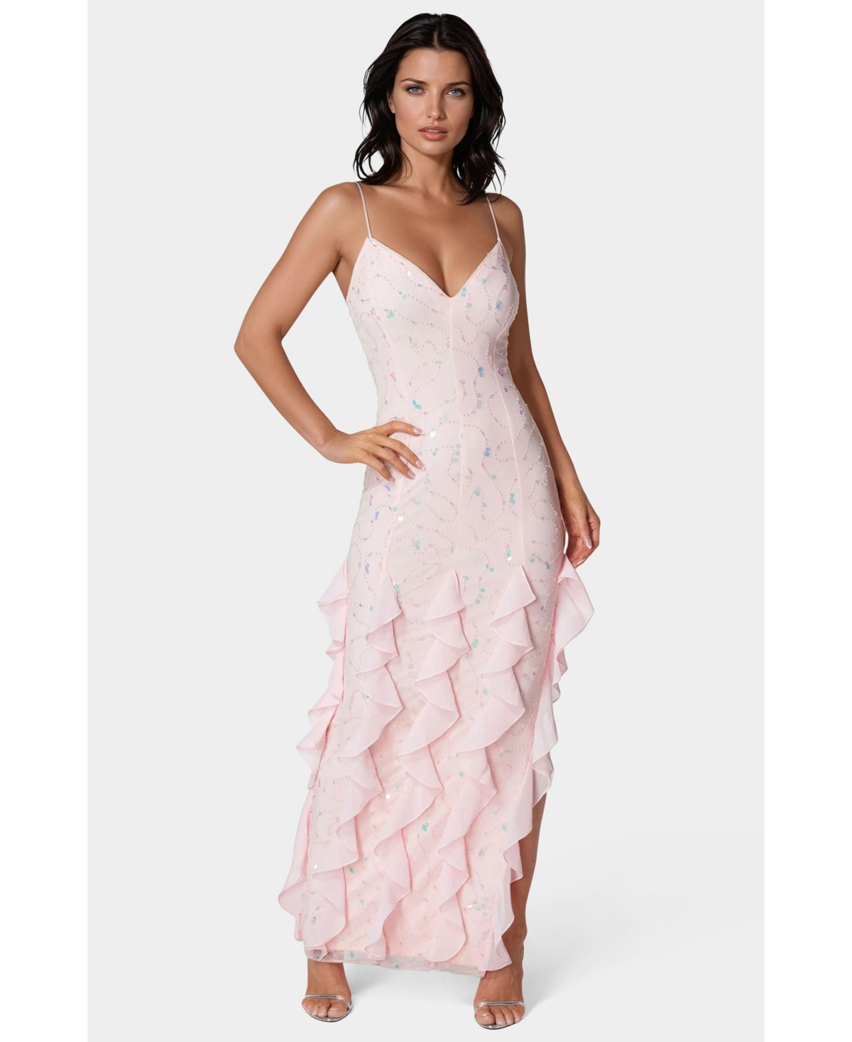 Women's Cascade Beaded Mesh Gown - Blush