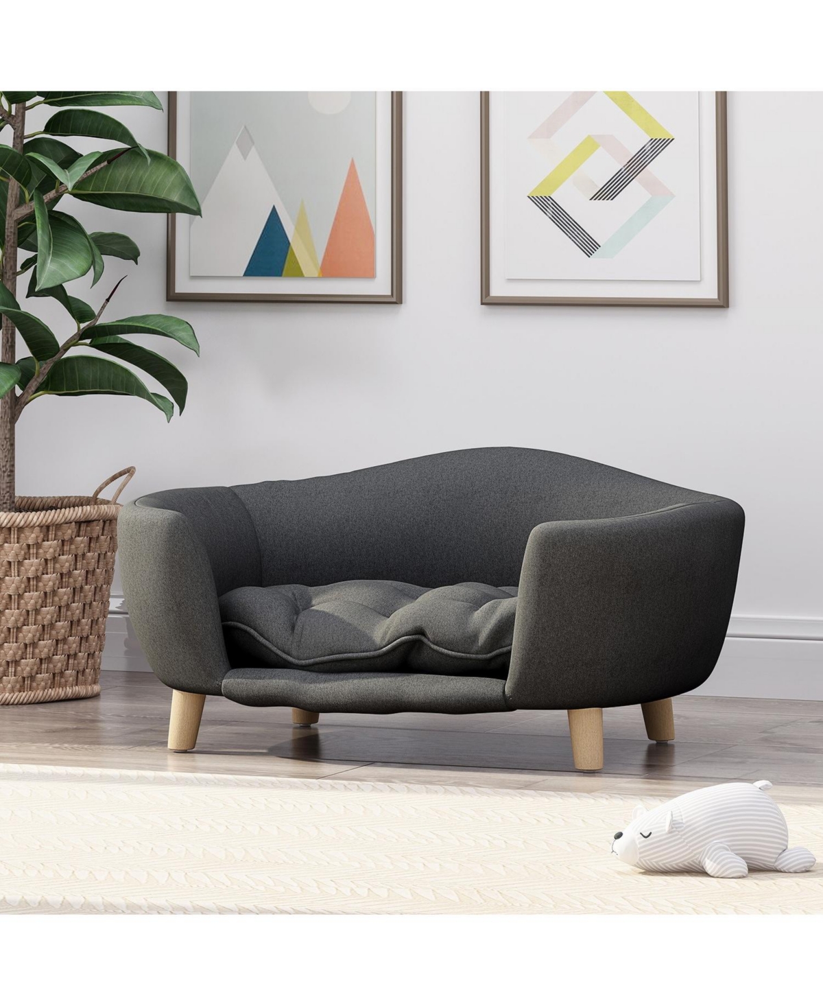 Dog Bed - Blue fabric with birch wood legs