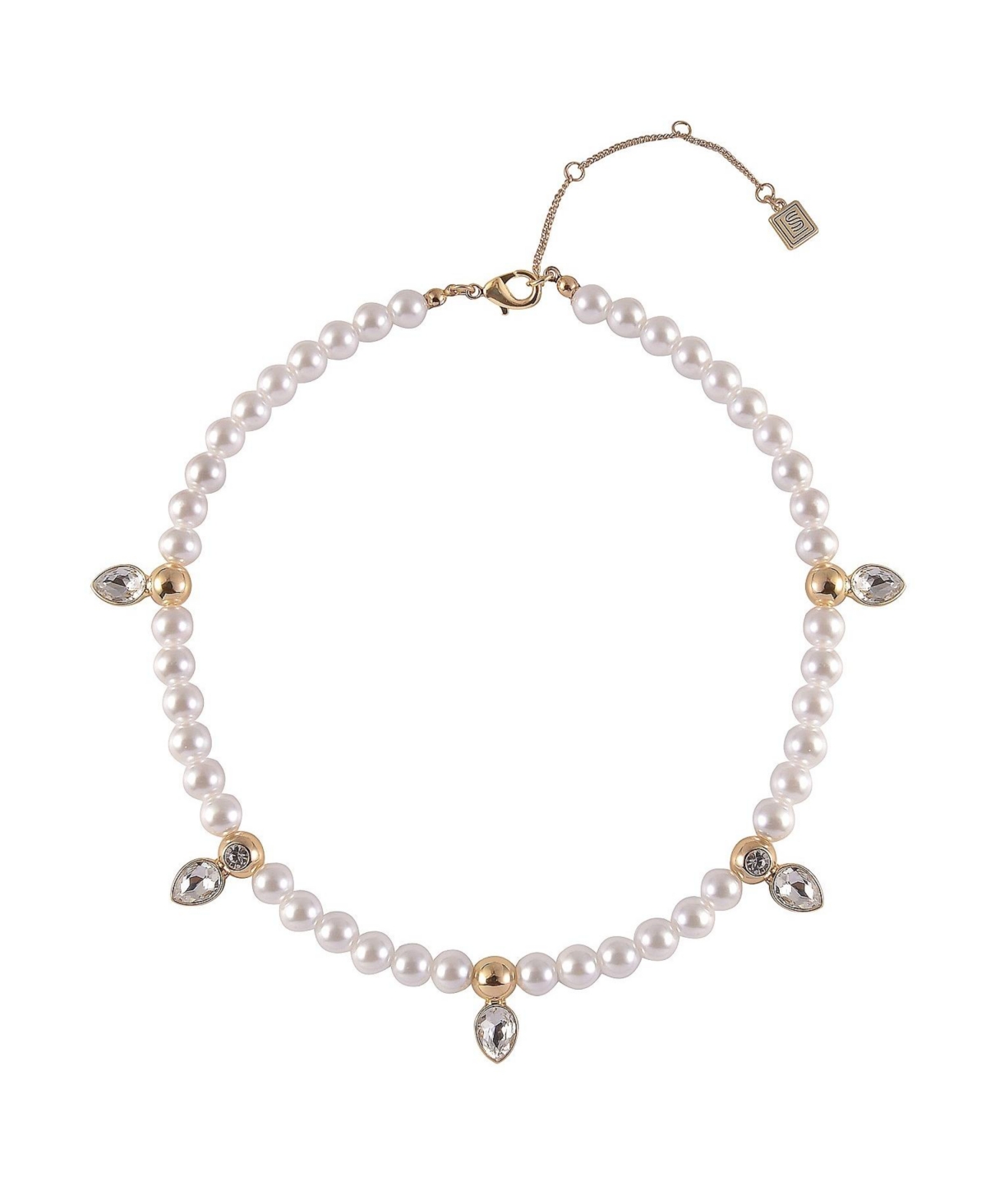 Beaded Pearl Necklace with Crystal Stone Accents - Gold