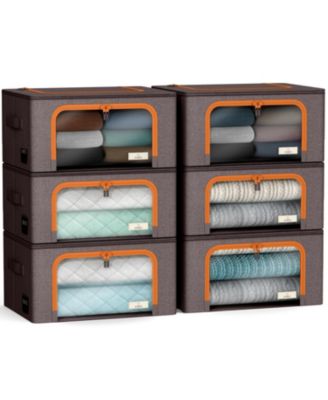 6 Pack Small Foldable Storage Box - Metal Frame, Oxford Fabric, Large Window & Handles - Organization for Bedroom, Linens & Clothes
