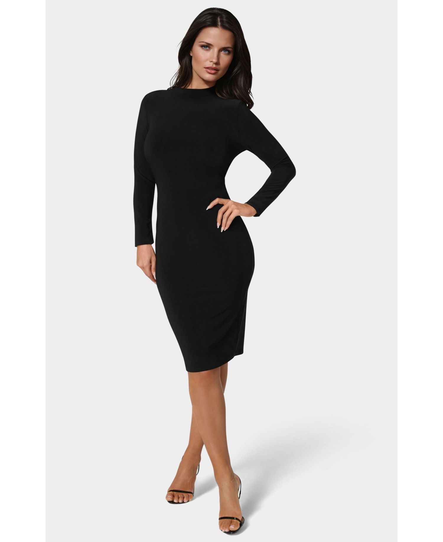 Women's Low Back Mock Neck Long Sleeve Midi Dress