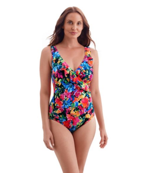 Женские купальники Longitude Women's Midnight Plumeria Ruffle Front Surplice Long Torso One-Piece Swimsuit