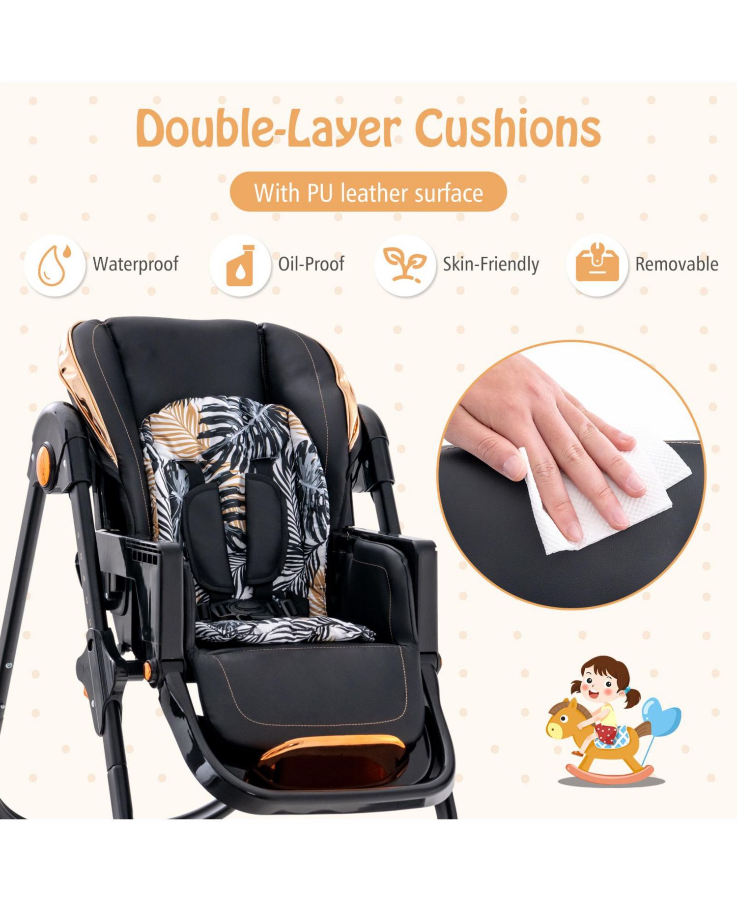 Kids Folding Dining High Chair with Adjustable Height and Recline
