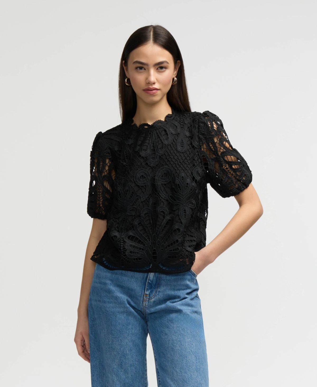 Women s Mock Neck Lace Top - Black