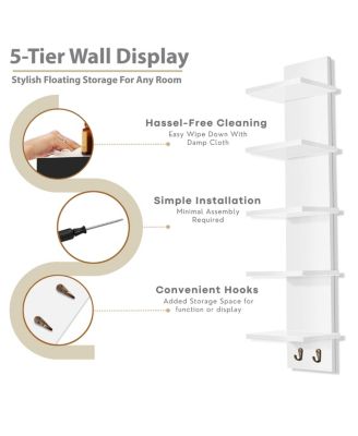 5 Tier Wall Mounted Floating Shelf Unit with Hooks - Home Decor and Storage Organizer