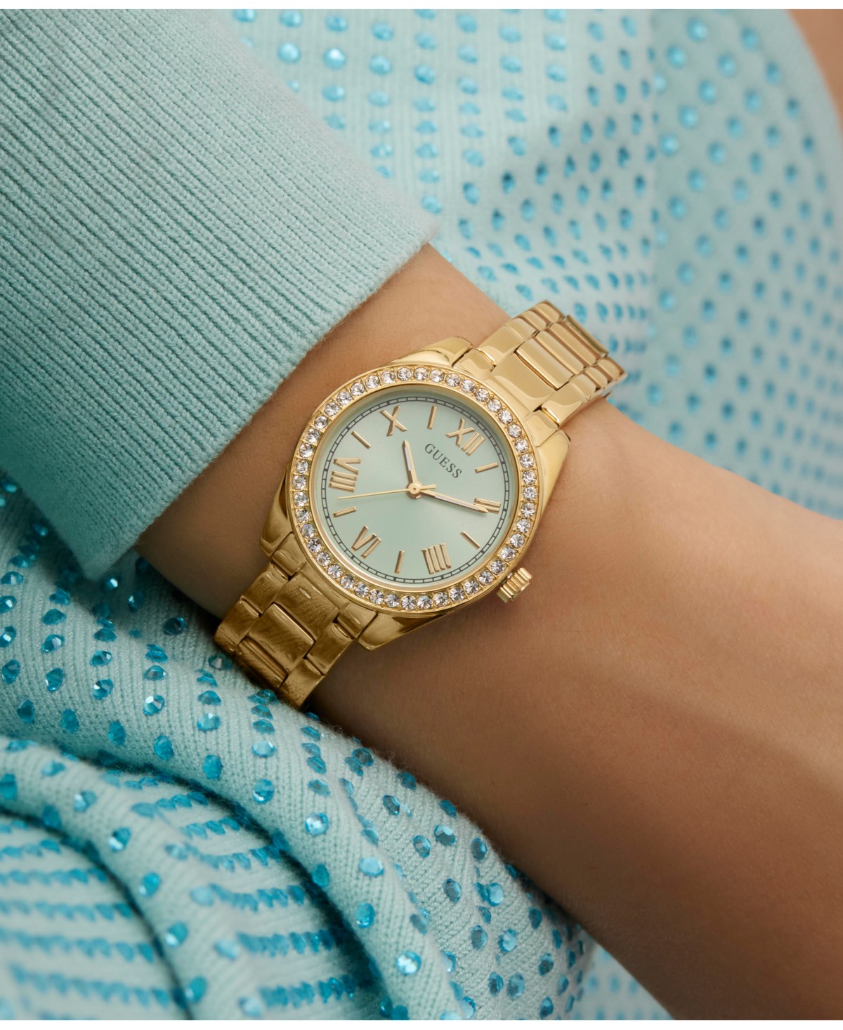 Женские аналоговые часы GUESS на стальном браслете золотого тона, 30 мм — фото 1