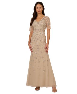 Women's V-Neck Beaded Short-Sleeve Mesh Gown