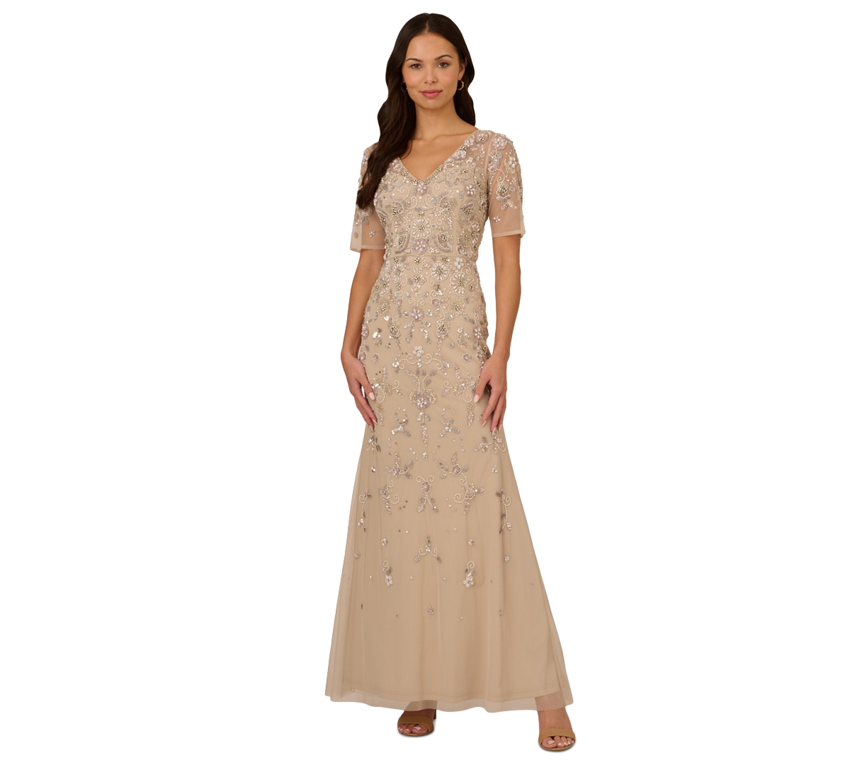 Adrianna Papell Beaded Mesh Gown In Biscotti