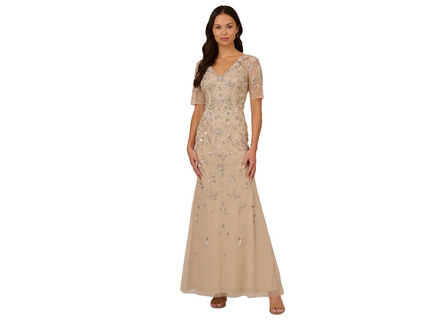 Women's V-Neck Beaded Short-Sleeve Mesh Gown