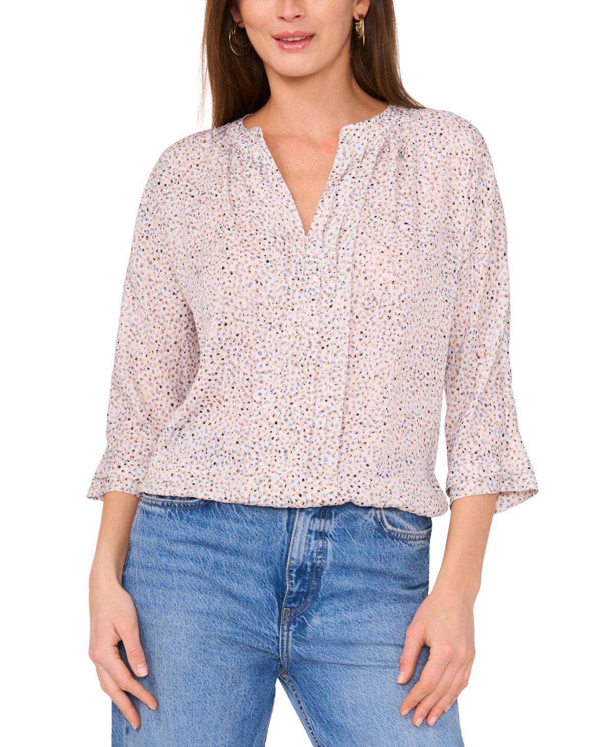 Shop Vince Camuto Women's Printed Split-neck 3/4-sleeve Top In New Ivory
