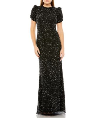 Women's Gathered Short Sleeve Beaded Gown