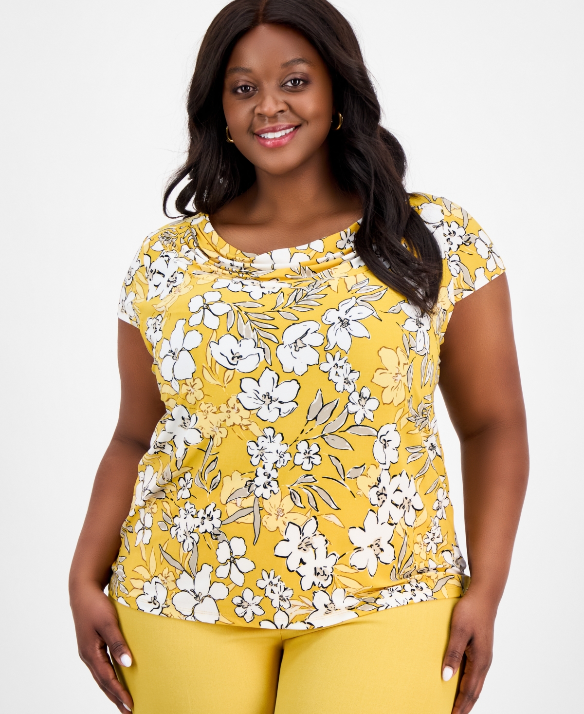 Plus Size Printed Cowlneck Cap-Sleeve Top - Butterscotch Multi