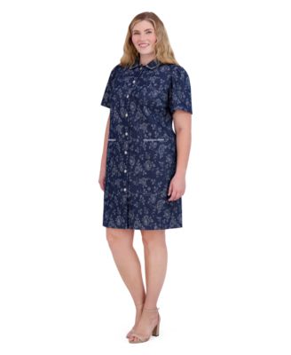 Eliza J - Plus Size Embellished Floral Denim Shirtdress