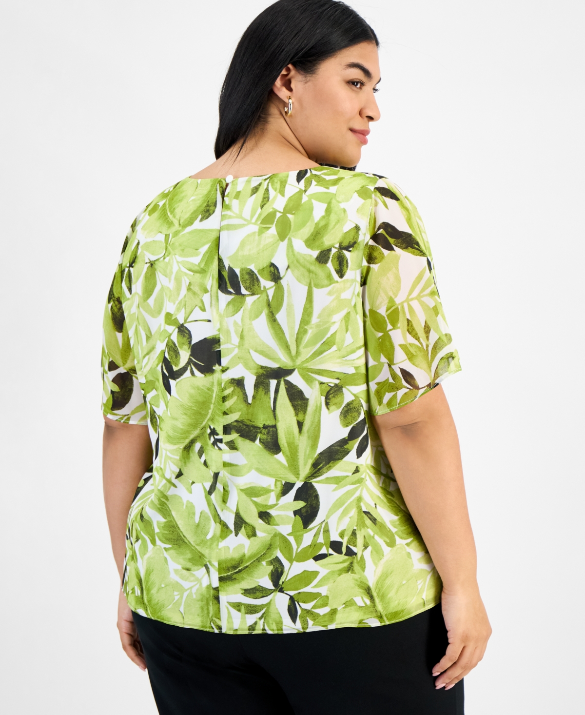 Kasper Plus Size Printed Flutter-sleeve Blouse In Kiwi Multi