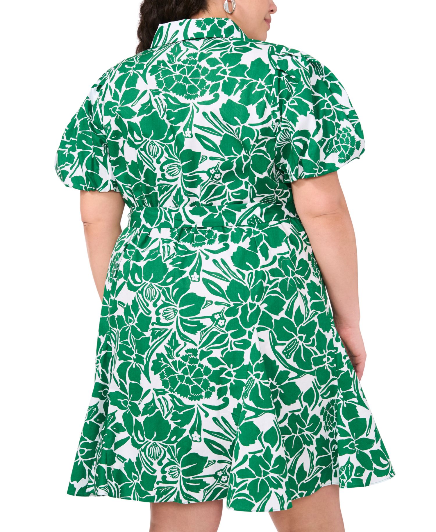Plus Size Printed Cotton Puff-Sleeve Belted Shirtdress
