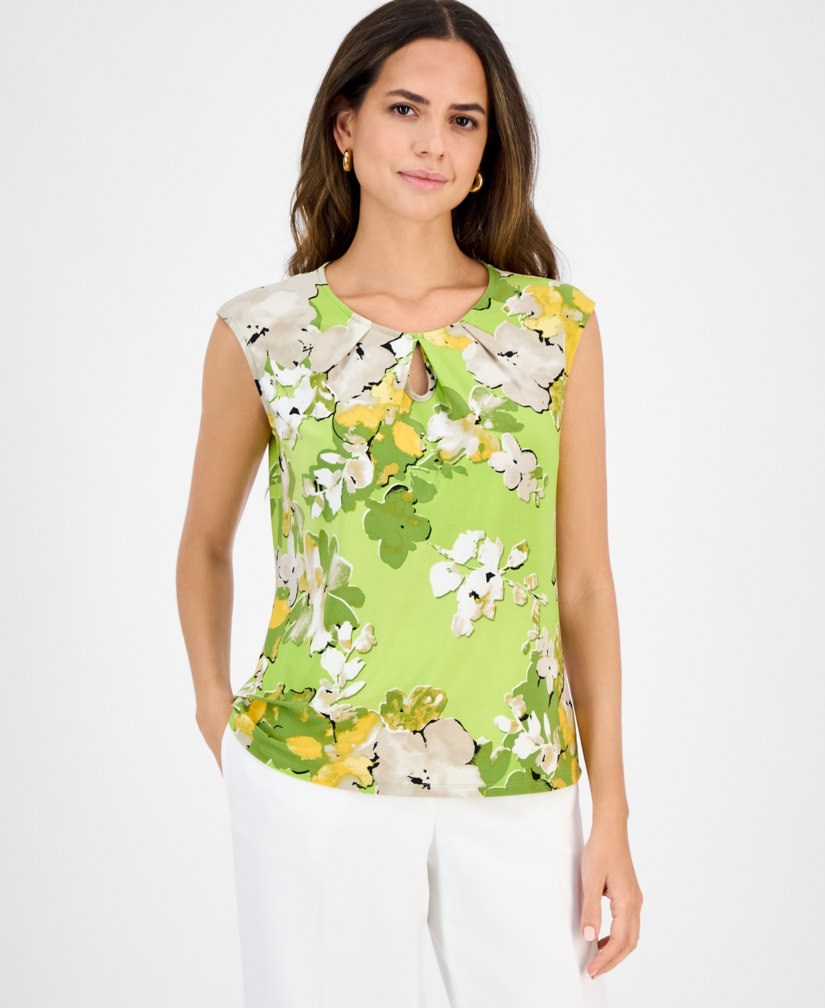 Women's Floral-Print Pleat-Neck Sleeveless Keyhole Top - Kiwi Multi