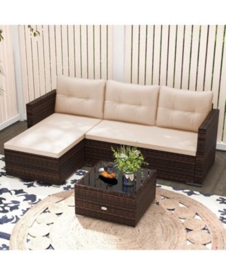 2-Piece Outdoor Wicker Furniture Set with Tempered Glass Coffee Table and Soft Cushions