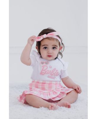 Baby Girls Bodysuit Ruffle Skirt and Bow Headband 3 Piece Outfit Set Newborn to